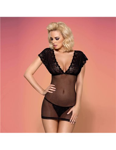 CAMICIA DA NOTTE E PERIZOMA 821-CHE-1 chemise & thong L/XL black